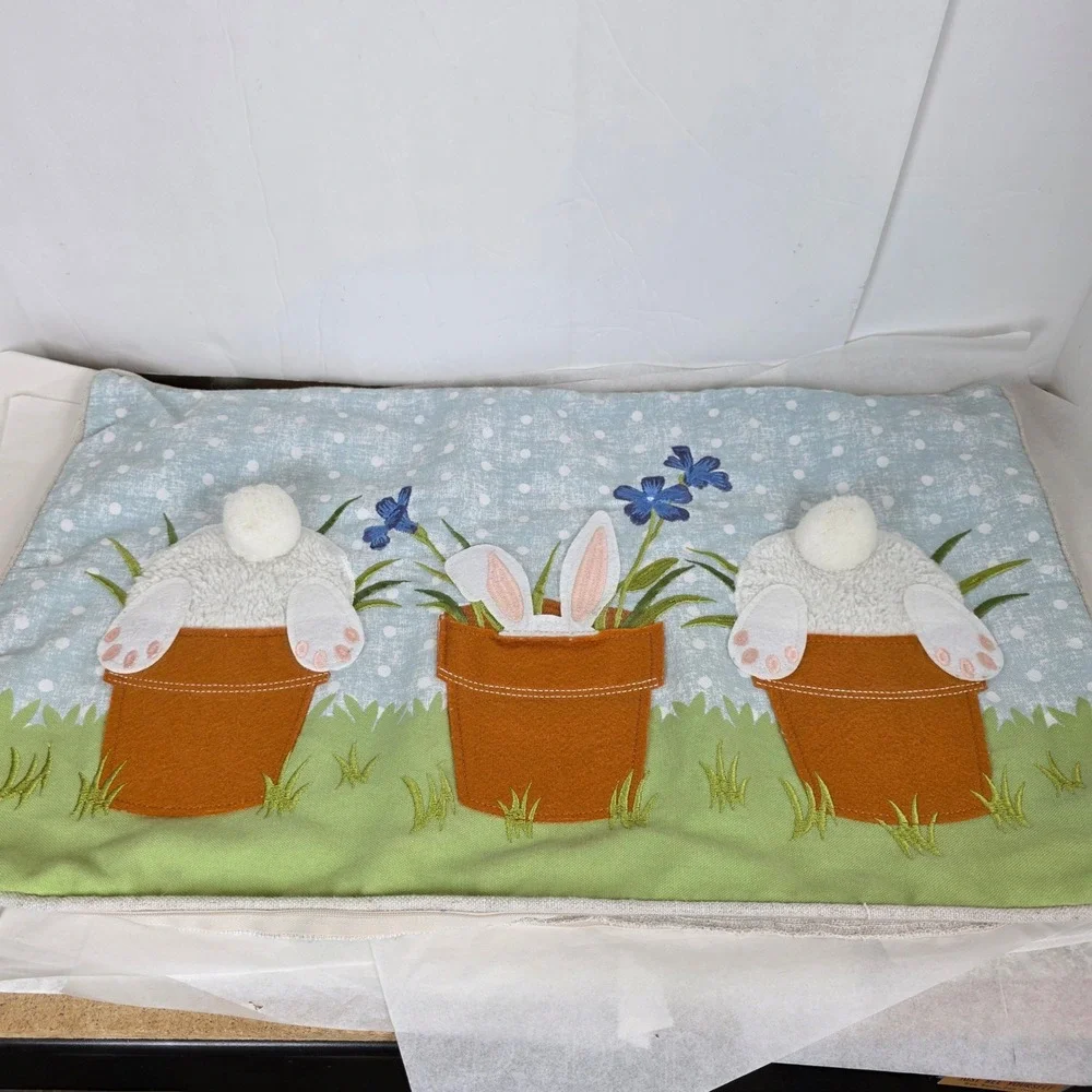 Isaac Mizrahi felt embroidered Easter Bunny Flower Pot Lumbar Pillow Cover 24x14